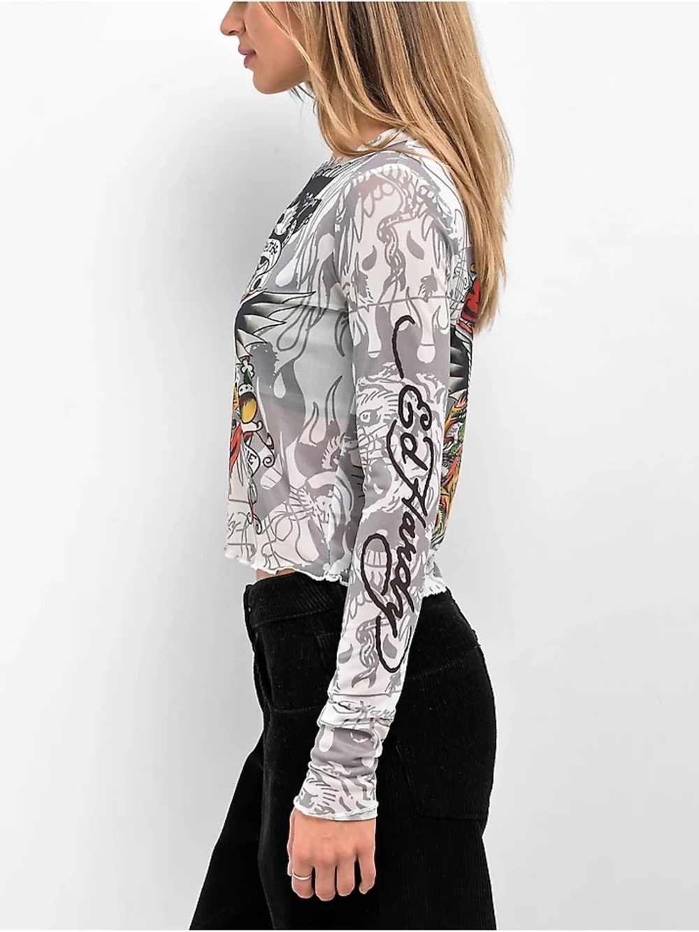 Ed Hardy Dragon Dagger White Mesh Long Sleeve Crop Top. Size L - Picture 10 of 11